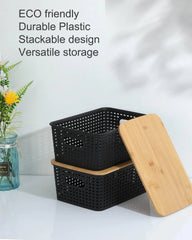 Storage Bins with Bamboo Lids Set of 6 Lidded Storage Container Plastic Baskets 07FC0E-D4 - KOEEK