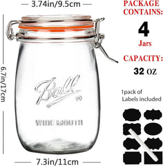 Set of 4 Wide Mouth Glass Jars with Sealing Lids, Kitchen Jars, Large Clear