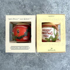 (2) Hallmark Kermit Miss Piggy Muppets 1980 & 1982 Satin Ball Ornament w/Box Lot HALLMARK - KOEEK
