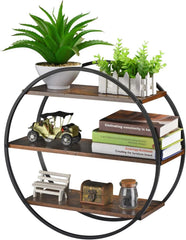 Floating Shelf, 3 Tiers of Decorative Geometric Round Metal, Rustic Brown