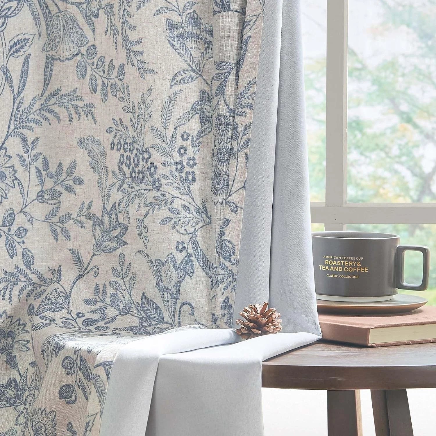Blue floral lining curtains, rustic linen material, length 84 inches 07FC0E-D4 - KOEEK