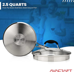 Stainless steel sauce pan with glass strainer lid and two side spouts