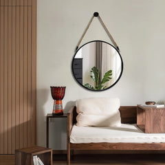 Round Hanging Mirror - Wall Mirrors Decorative 20" Rope Mirror Black Metal Frame