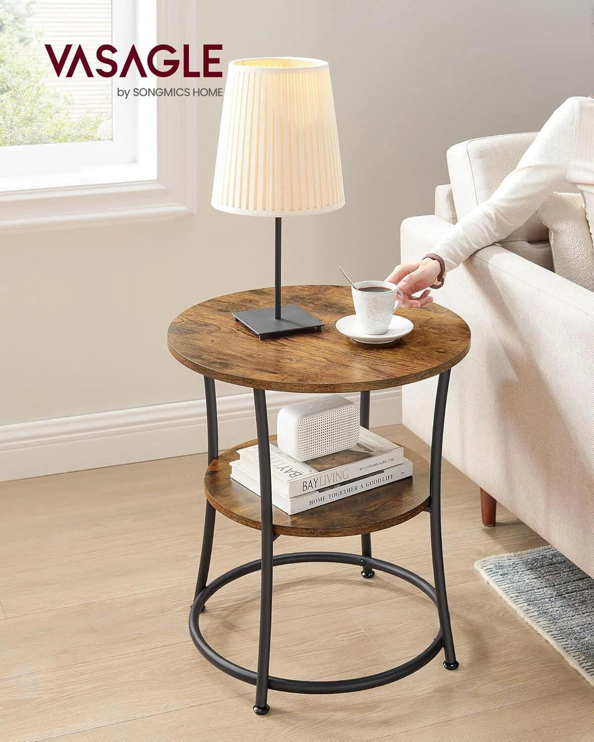 Side Table, Round Side Table with 2 Shelves, Rustic Brown and Ink Black 07FC0E-D4 - KOEEK