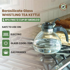 Borosilicate Glass Stove Top Whistling Tea Kettle 12 Cup/48oz Capacity -BPA-Free 07FC0E-D4 - KOEEK