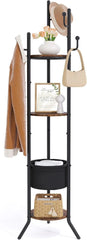 Coat Rack Freestanding,Round Coat Rack with 3 Wooden Shelves and 1 Fabric Basket