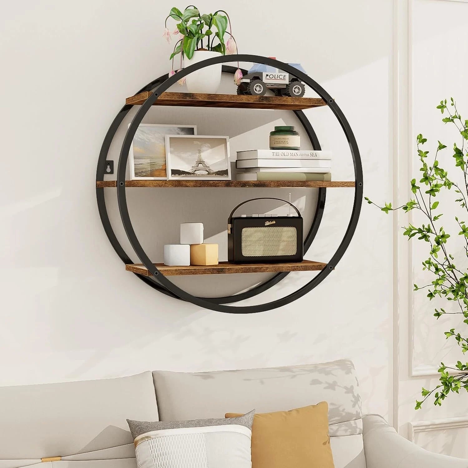 Floating Shelf, 3 Tiers of Decorative Geometric Round Metal, Rustic Brown 07FC0E-D4 - KOEEK