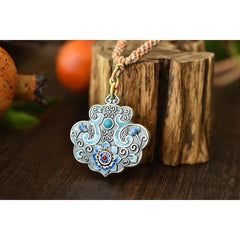 Silver Plated Enamel Locket Necklace 45mm Chinese Style Handmade Pendant Cord 07FC0E-D4 - KOEEK