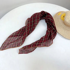 Womens Wine Red Flax Linen Plaid Bandana Neck Wrap Neckerchief Shawl Scarf 07FC0E-D4 - KOEEK