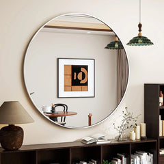 White Round Mirror, 30 Inch Bathroom Mirror with Metal Frame 07FC0E-D4 - KOEEK