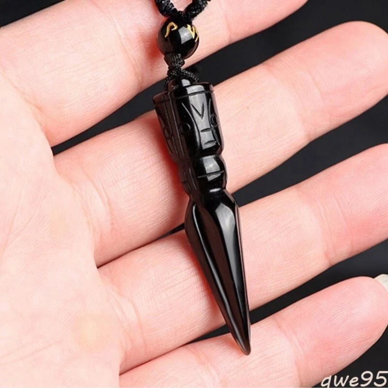 Obsidian Natural Crystal Quartz Carve Vajra Dorje Phurpa Dagger Buddhist Pendant 07FC0E-D4 - KOEEK