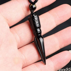 Obsidian Natural Crystal Quartz Carve Vajra Dorje Phurpa Dagger Buddhist Pendant 07FC0E-D4 - KOEEK