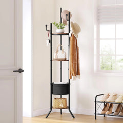 Coat Rack Freestanding,Round Coat Rack with 3 Wooden Shelves and 1 Fabric Basket 07FC0E-D4 - KOEEK