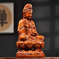 15cm Wood Handcarved Lotus Guanyin Buddha Statue Home Feng Shui Decoration 07FC0E-D4 - KOEEK