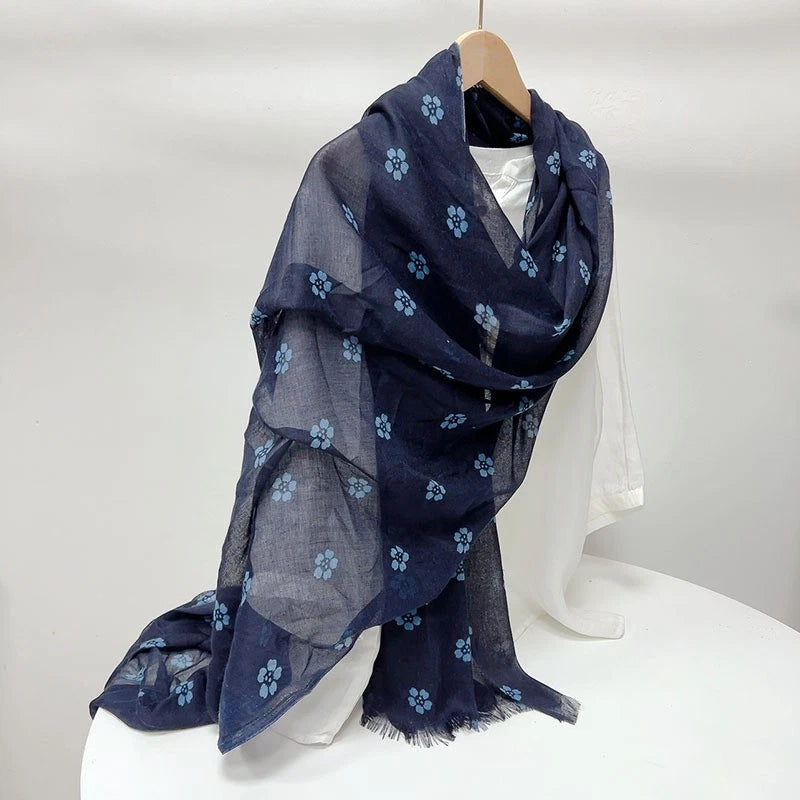 Women Bali Yarn Soft Breathable Summer Spring Stole Blue Floral Shawl Scarf 07FC0E-D4 - KOEEK