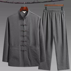 Chinese Traditional Clothing Kung Fu Buckle Shirt Oriental Retro Top Pants Set 07FC0E-D4 - KOEEK