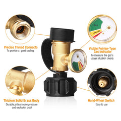 Propane Tank Gauge Brass Adapter RV Pressure Gas Level Meter BBQ Indicator 07FC0E-D4 - KOEEK