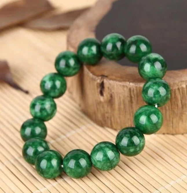Imperial Green Jade Bead Bracelet 12mm Round Beads Full Color Unisex Jewelry 07FC0E-D4 - KOEEK