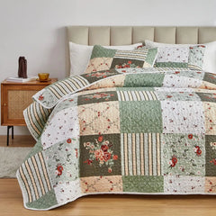 Patchwork Quilt Set Queen Size, 3 Pieces Green Floral Plaid Summer Coverlet Set 07FC0E-D4 - KOEEK