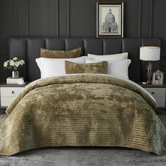 Velvet Quilt Queen Size Luxurious Velvet Coverlet Olive Green Bedding Striped 07FC0E-D4 - KOEEK