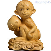 9cm Exquisitely Boxwood Handcarved Cute Monkey Holding Peach Tea Pet Ornament 07FC0E-D4 - KOEEK