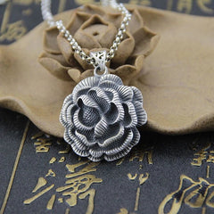 Peony Flower Pendant Silver Plated Vintage Sweater Chain Necklace 07FC0E-D4 - KOEEK