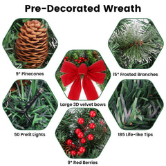 24" Prelit Christmas Wreath with LED Warm White Lights For Front Door Decoration 07FC0E-D4 - KOEEK