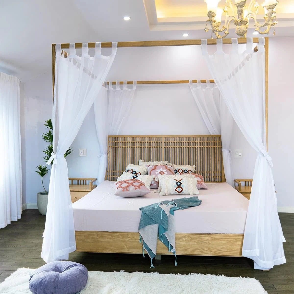 Sheer Canopy Bed Curtains for King, Queen, Full and Twin Bed, 4 Corner Bed 07FC0E-D4 - KOEEK
