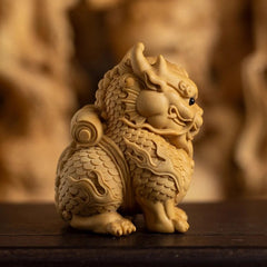 7cm Small Leaved Boxwood HandCarved Auspicious Beast Kylin tea pet Ornament 07FC0E-D4 - KOEEK