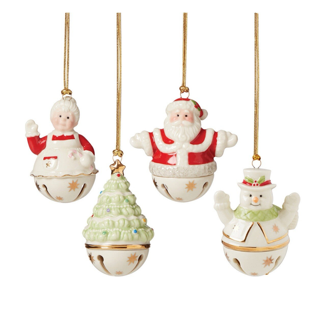 LENOX Jingle Bell Ornament 4 PC. Set Mr&Mrs Claus Snowman $ Christmas Tree NIB LENOX - KOEEK