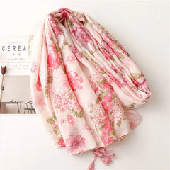 Womens Pink Floral Shawl Tassel Romantic Soft Flower Print Pashmina Wrap Scarf 07FC0E-D4 - KOEEK