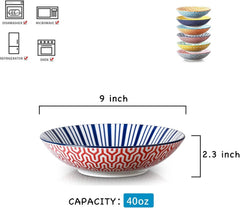 40 oz Porcelain Large Bowl 9” Large Pasta Salad Bowl, Color, Set of 6 07FC0E-D4 - KOEEK