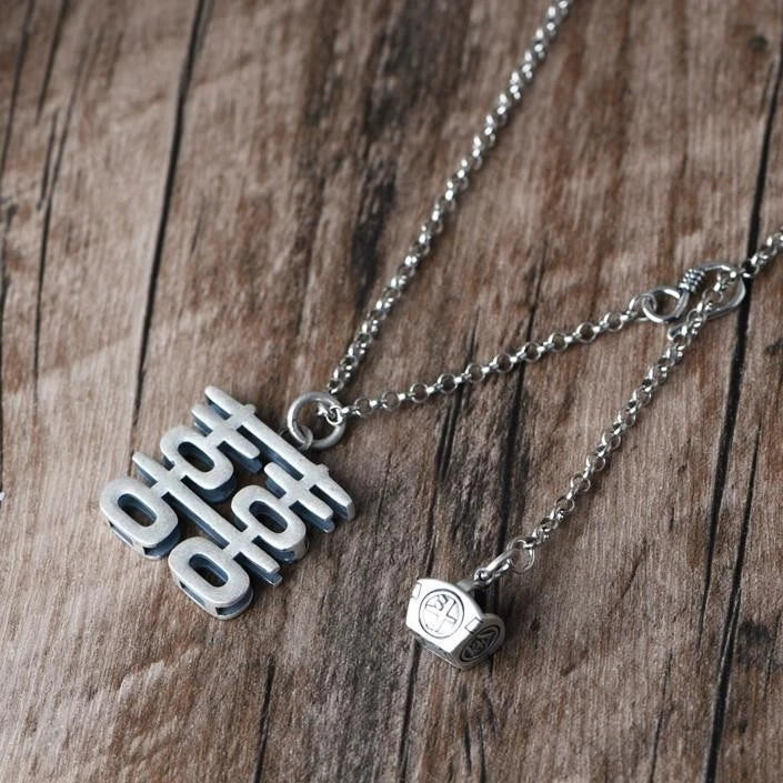 "Xi" Pendant Necklace Double Happiness Long Sweater Chain Silver Plated Vintage 07FC0E-D4 - KOEEK