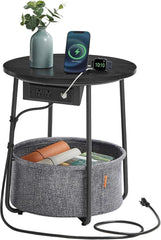 Side table with charging seat, round end table with fabric basket, slate gray 07FC0E-D4 - KOEEK