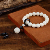 15mm Black Sandalwood Mala Handcrafted White Jade Bodhi Lotus Prayer Beads 07FC0E-D4 - KOEEK