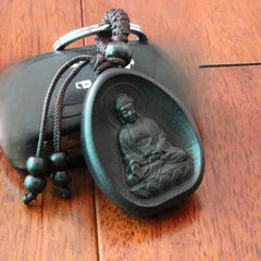 Retro Wood Handcarved Amitabha Buddha Statue Keychain Buddhist Amulet Pendant 07FC0E-D4 - KOEEK