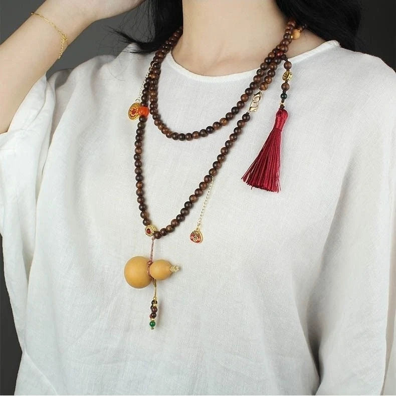 Chinese Style Black Rosewood Gourd Necklace Crossbody Pendant Long Back Chain 07FC0E-D4 - KOEEK