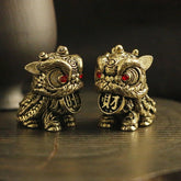 Brass Cartoon Lion Pair Feng Shui Desktop Ornament Home Decor Vintage Tea Pet 07FC0E-D4 - KOEEK