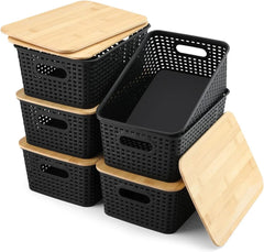 Storage Bins with Bamboo Lids Set of 6 Lidded Storage Container Plastic Baskets 07FC0E-D4 - KOEEK