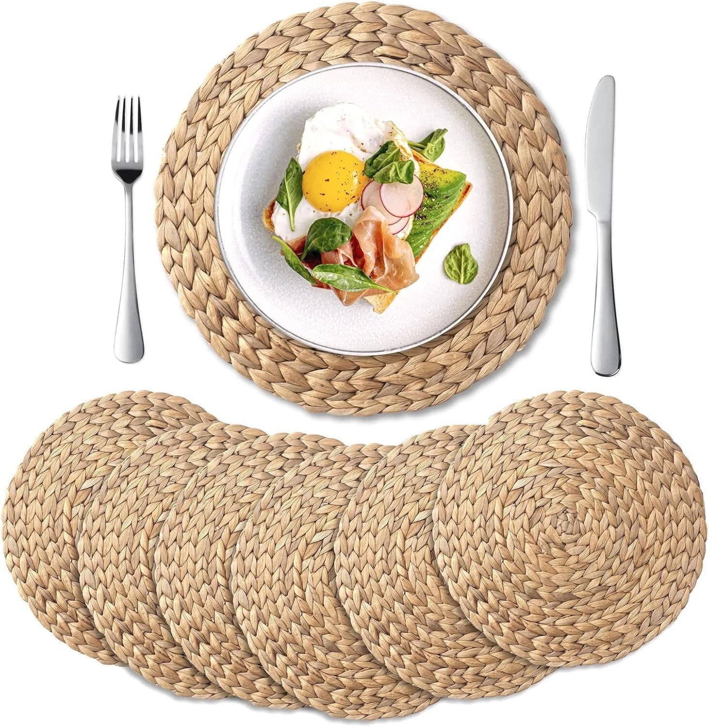 6 Pack, Round Woven Placemats, Natural Hyacinth Wicker Placemats 07FC0E-D4 - KOEEK