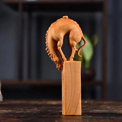 Cliff Cypress Wood Hand-carved Tea Pet Chinese Mascot Wealth Feng Shui Decor 07FC0E-D4 - KOEEK