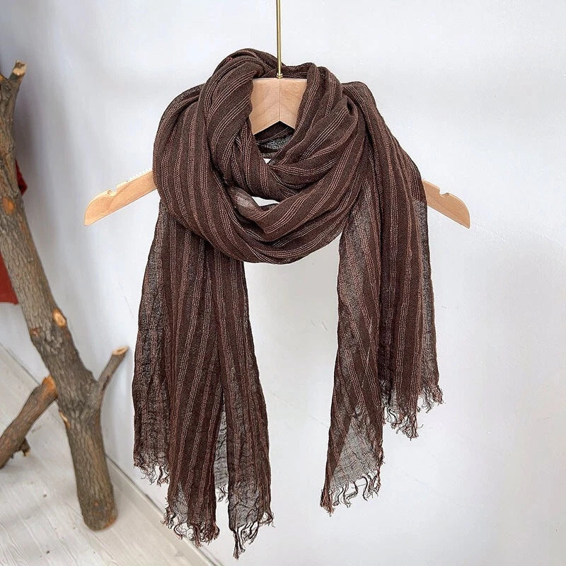 Mens Flax Linen Cotton Striped Breathable Brown Scarf Unisex Shawl Neckerchief 07FC0E-D4 - KOEEK