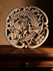 Dongyang Phoenix Peony Wood Carving Wall Hanging Chinese Restaurant Decor 27cm 07FC0E-D4 - KOEEK