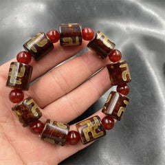 Tibetan Dzi Bead Bracelet Swastika Three Eye Agate Carnelian Unisex Prayer Beads 07FC0E-D4 - KOEEK