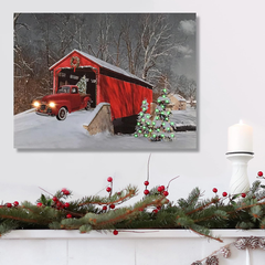 LED Wall Art - Lighted Red Truck Covered Bridge Canvas Print - Christmas Picture 07FC0E-D4 - KOEEK