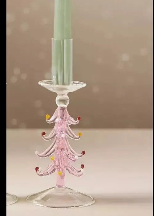 Anthropologie Holiday Christmas Tree PINK Glass Taper Candle Holder ANTHROPOLOGIE - KOEEK