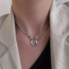 925 Silver women Vintage Unique Heart Pendant Necklace Retro Cuban Link Chain 07FC0E-D4 - KOEEK