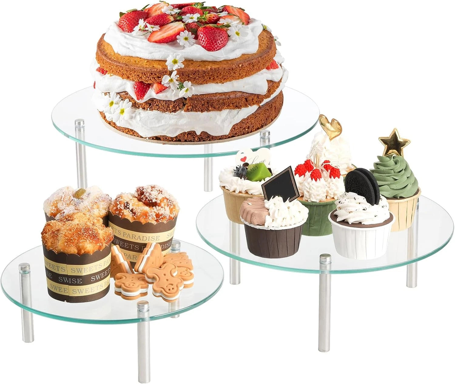 3 Pcs Tempered Glass Cupcake Stands ,9,11,12.6 Inch Round Food Display Stand 07FC0E-D4 - KOEEK