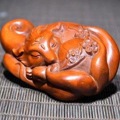 Boxwood Wood Carved Figurine 7cm Handheld Worry Piece Pocket Charm Car Pendant 07FC0E-D4 - KOEEK