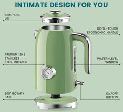 Electric Kettle - 57 oz Hot Tea Boiler with Thermometer, Vintage Green 07FC0E-D4 - KOEEK